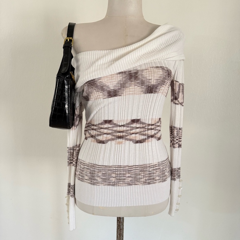 Vintage Y2K Off the Shoulder Long Sleeve Ribbed Sweater Sz S Cowl Neck Striped